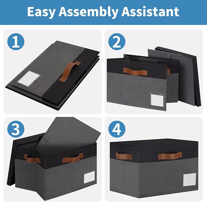GhvyenntteS Fabric Storage Bins with Lids 3 Pack, Closet Storage Boxes with Lid and 3 Handles, Foldable Storage Baskets with Lids and Label Window for Home Office (Grey&Black, 15" x 11" x 9.7") - Image 5