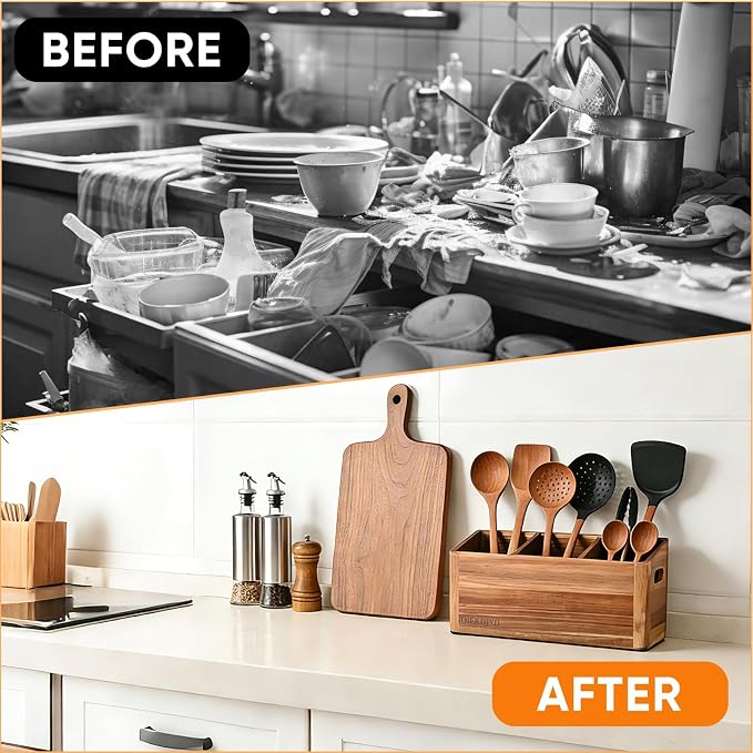 Wooden Cooking Utensil Holder & Crock for Kitchen Countertop | Fast-Absorbing Diatomaceous Mat, Removable Separator, Non-Slip Base & Side Handles, Large 3-Compartment Crock - Image 5