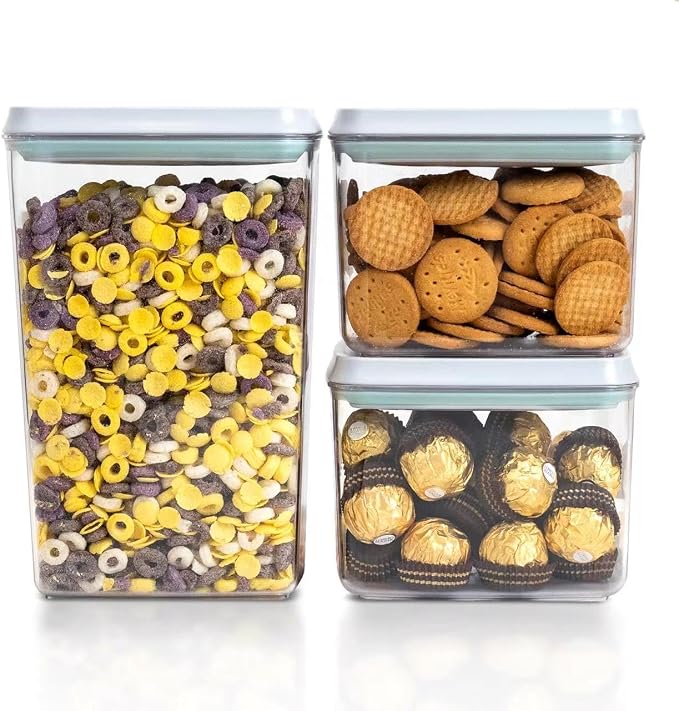 Pop Top Airtight Food Storage Containers, 3 Pack, 1.3Qt x2 + 2.9Qt | Clear Stackable Pantry Jars with One-Touch Lids, Measurement Marks and BPA-Free AS for Cereal, Sugar, Nuts and Dry Goods by Tourdeus