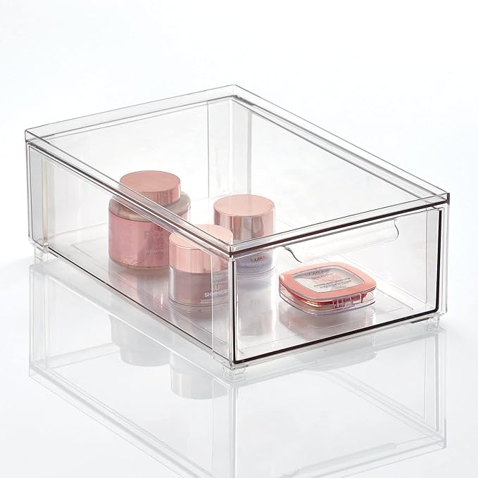 mDesign Plastic Stackable Bathroom Storage Organizer Bin Containers with Front Pull Drawer for Bathroom Countertop, Vanity, Closet Shelves - Holder for Beauty Accessories - Lumiere Collection - Clear by mDesign