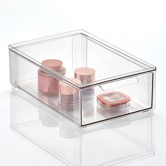 mDesign Plastic Stackable Bathroom Storage Organizer Bin Containers with Front Pull Drawer for Bathroom Countertop, Vanity, Closet Shelves - Holder for Beauty Accessories - Lumiere Collection - Clear by mDesign