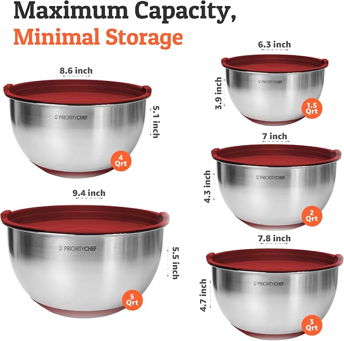 Premium Mixing Bowls With Airtight Lids Set, Thicker Stainless Steel Mixing Bowl Set, Large Prep Metal Bowls with Lids, Nesting Bowls for Kitchen, 1.5/2/3/4/5 Qrt, Red - Image 3
