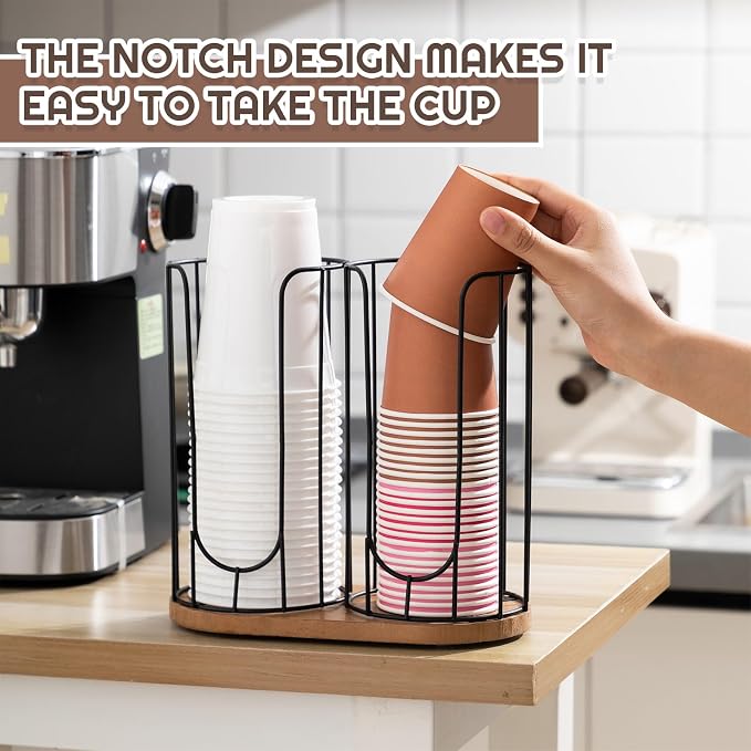 18oz Adjustable Coffee Cup Dispenser with Wooden Base, Cup and Lid Holder, Cups Holder Organizer for Coffee Pod Straw and Lid Storage(2-Compartment Single,Color 1) - Image 6
