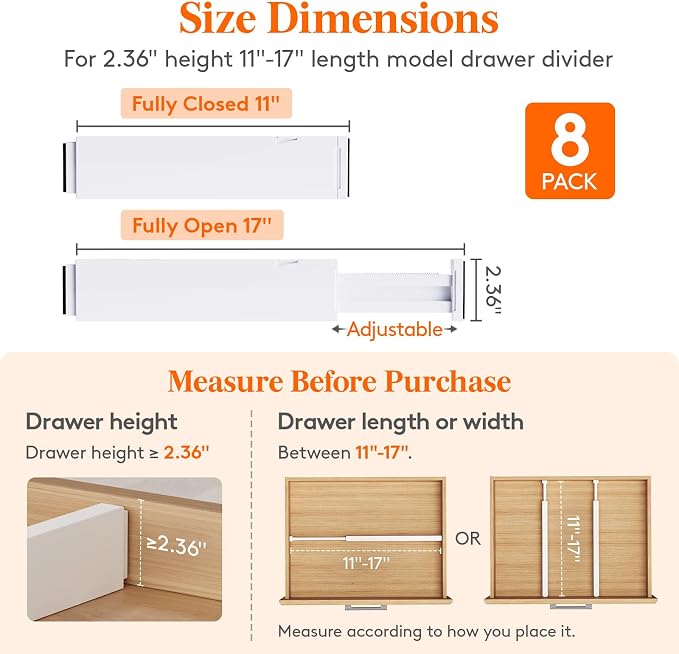 Lifewit 2.36" Upgrade Kitchen Drawer Dividers, Adjustable Drawer Organizer | 11"-17" Expandable White Drawer Separator for Clothes/Utensils, Dresser/Cabinet/Closet/Nursery Organization & Storage, 8 Pack - Image 2