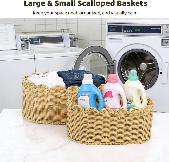 Scalloped Basket Set of 2, Woven Imitation Rattan Storage Baskets, Large & Small Organizer Bins with Scalloped Edges, Rectangular Open Top Containers for Clothes, Toys, Snacks - Image 2