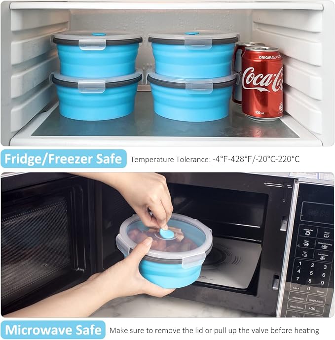 Collapsible Food Storage Containers Round with Airtight Lid, 27 oz, Kitchen Stacking Silicone Collapsible Meal Prep Container Set for Leftover, Microwave Freezer Dishwasher Safe, Blue, Set of 4 - Image 6