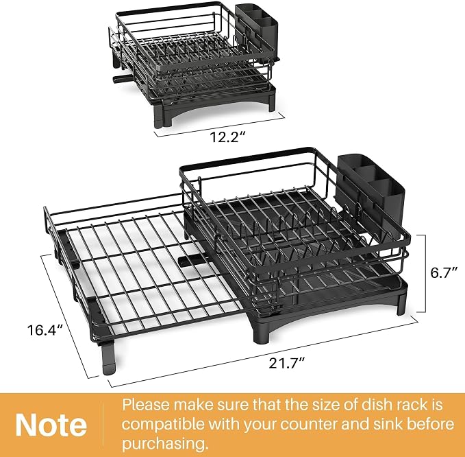 Dish Drying Rack, Extendable Dish Rack, Large Sink Drying Dish Drainer for Kitchen Counter, Carbon Steel Dish Strainer with Utensil Holder,Black - Image 3