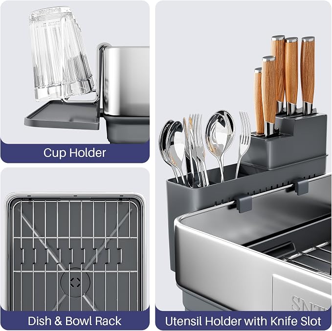 SNTD 304 Stainless Steel Dish Drying Rack for Small Kitchen Counter, Grey | Rustproof, Large Capacity, Heavy-Duty Frame, Rotating Spout, Angled Drainboard, Removable Cup & Utensil Holder - Image 5