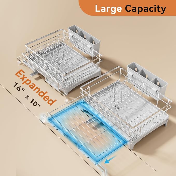 Laveshop Dish Drying Rack, 304 Stainless Steel Expandable Dish Drainer for Kitchen Counter, Space-Saving with Utensil Holder, Gray - Image 3