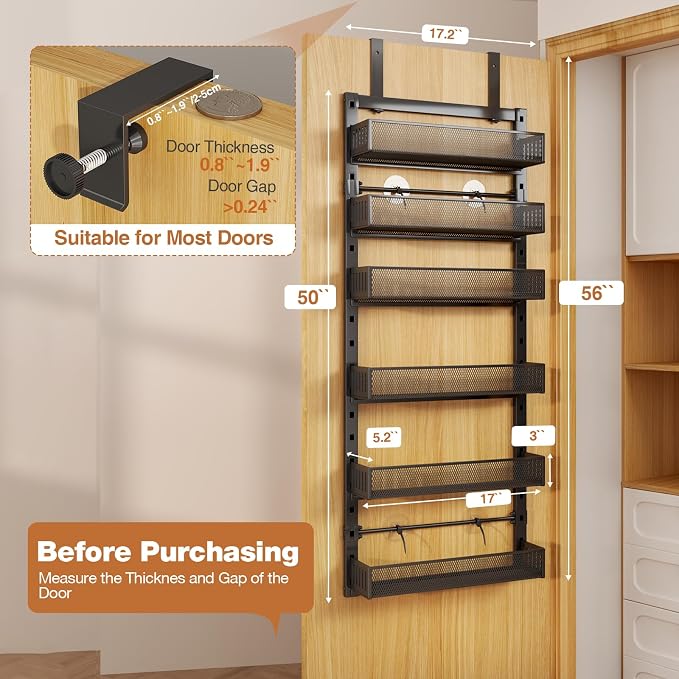 Pantry Door Organizers and Storage, 6-Tier Large Metal Heavy-Duty Frame Over the Door Spice Rack, 2 in 1 Wall-Mounted or Hanging shelf for Kitchen, Bathroom, Laundry Room, Bedroom, Closet &Nursery - Image 2