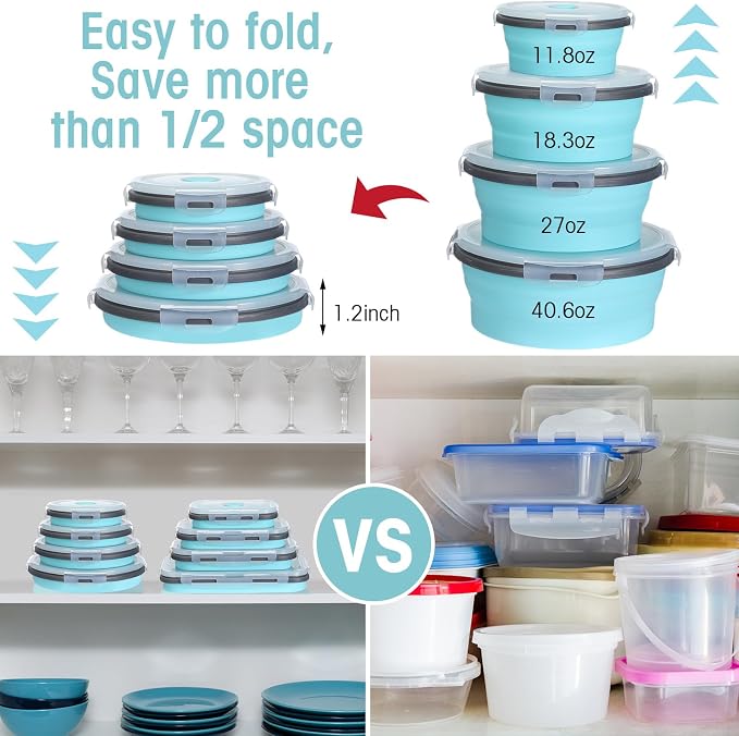 Yaomiao 16 Pack Collapsible Food Storage Containers with Lid Air Vent Foldable 8 Rectangle Storage Bowl and 8 Round Silicone Food Bow for Lunch Camping Rv Accessories Microwave Freezer(Gray, Blue) - Image 5