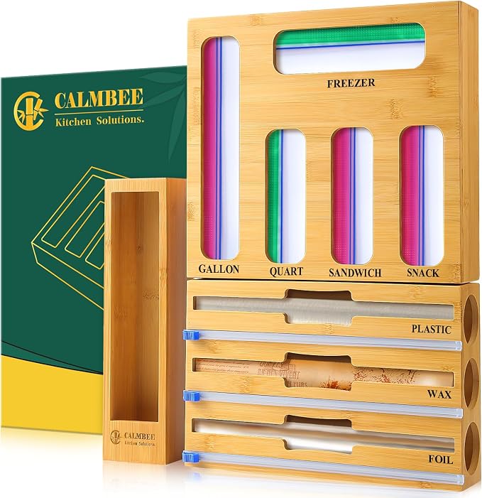Calmbee 9 in 1 Bamboo Storage Bag Organizer for Kitchen Drawer – Plastic Wrap Dispenser with Cutter & Foil Organizer, Wooden Baggie Organizer for Sandwich, Snack, Gallon, Quart Sizes, Natural by Calmbee