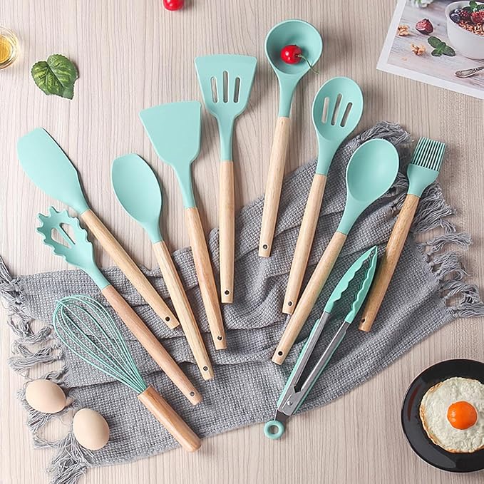 19 Pieces Kitchen Utensils and Knife Set with Block, Inldued 9 Pieces Silicone Cooking Utensils Set 5 Pieces Sharp Stainless Steel Chef Knives Scissors Whisk Tongs and Cutting Board (TEAL) - Image 3
