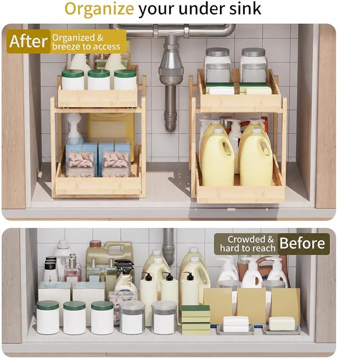 Bamboo Under Sink Organizer 2 Tier Pull Out Cabinet Storage Drawer - Image 3