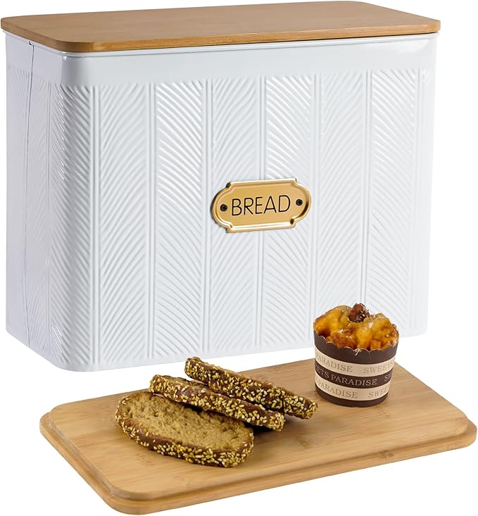 Extra Large Diagonal Stripe Embossed Bread Box with Bamboo Lid | Corner Breadbox for Homemade Bread, White Metal Bread Storage Container Bin for Kitchen Countertop, Fits 2 Loaves of Bread by Unknown