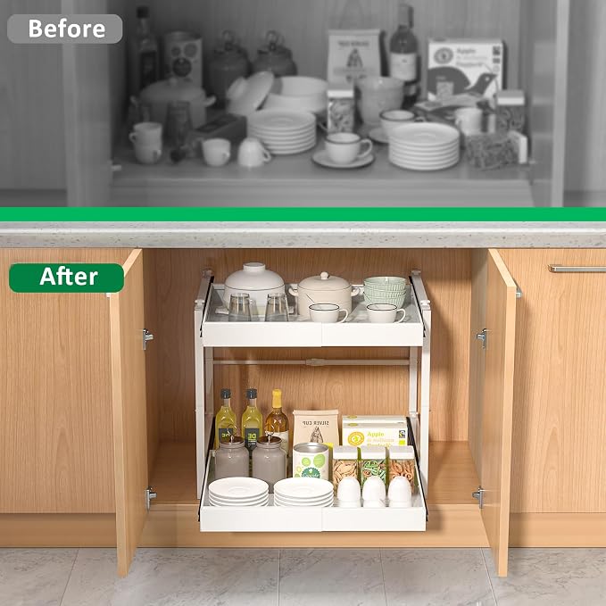 2 Tier Pull Out Cabinet Organizer, 21 inch Depth Slide Out Shelves | Expandable 14"-22.5" Wide, Heavy-Duty Cabinet Drawers for Kitchen Pots, Pans & Pantry Storage, White - Image 4
