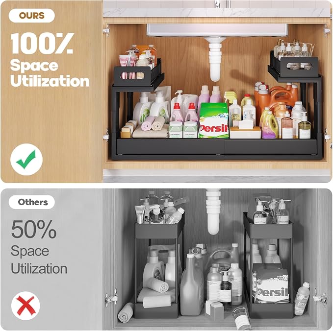 1 Pack-19"-32"W Expandable Under Sink Organizer With Upgrade Ball-Bearing Slide,2-Tier Pull Out Under Cabinet Organizer Height Adjustable,Not Suitable For Cabinets With Partitions In The Middle - Image 4