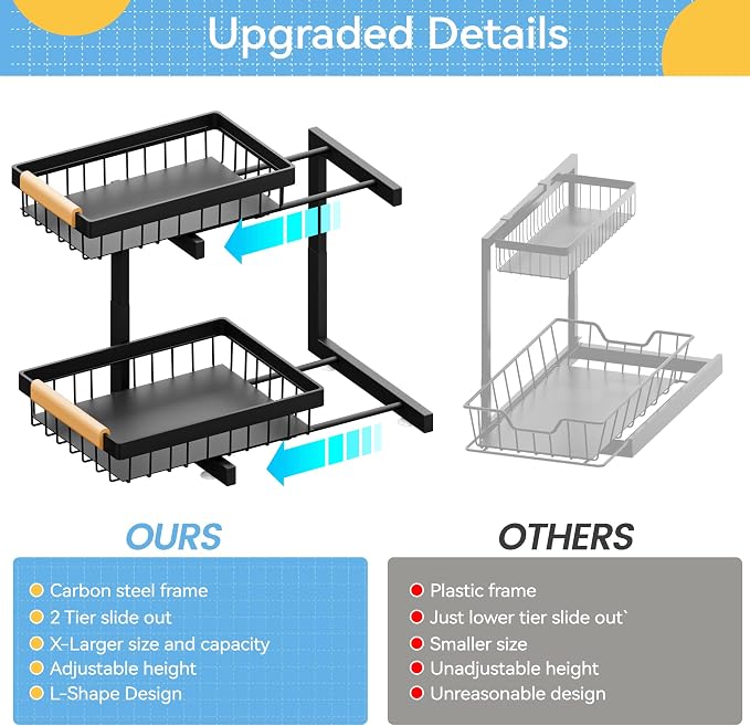 ADBIU Under Sink Organizer 2 Packs 2 Tier Expandable Height Under-Sink Organizers Slide Out Pull Out Organizer Shelf, Black - Image 5