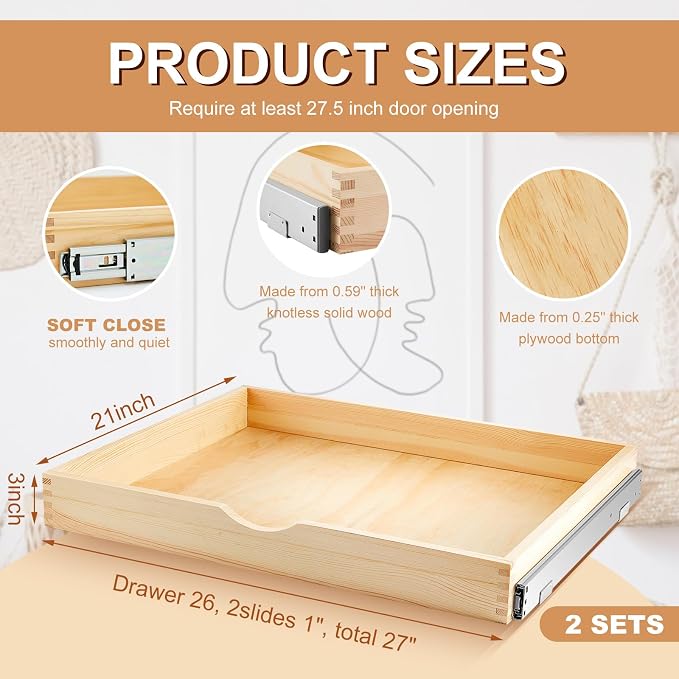2 Set Wooden Pull out Cabinet Organizer Fully Assembled Slide out Pantry Drawer with Gentle Close Storage Shelf Tray for Base Kitchen Under Sink Bathroom Accessory(Wood Color,27'' X 21'' X 3") - Image 3