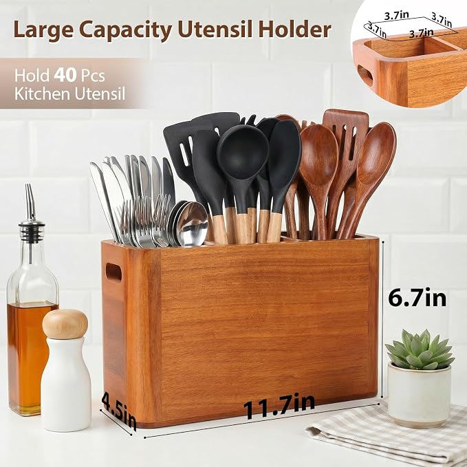 Kitchen Utensil Holder for Counter and Countertop, Acacia Utensil Organizer for Wooden Spoon Set, Large Drying Holder for Kitchen, 3-Compartment Storage for Cooking Utensils, Kitchen Decor - Image 2