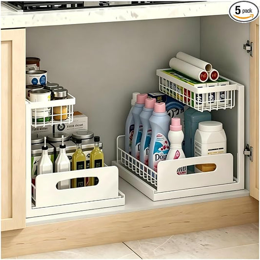 2 Pack Upgraded Under Sink Organizer, 2 Tier Pull out Kitchen Cabinet Organizer Metal Slide out Bathroom Organizers and Storage Makeup Drawer Organizer for Office Bedroom Restroom Living Room, L-White by EGBULL
