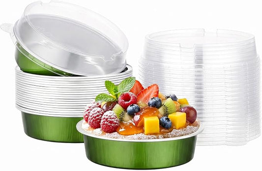 Beasea 20 Pack Mini Tart Pans with Lids, 7.3oz Avocado Green Disposable Aluminum Foil Baking Tins Cups, 4" Round Pie Container for Individual Cupcake Dessert Muffin Cheesecake Quiche Fruit Tart by Beasea