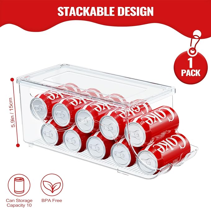 SCAVATA Stackable Refrigerator Organizer, Soda Can Dispenser Pop Cans Container Beverage Holder with Lid for Fridge, Freezer, Kitchen, Clear Plastic Storage Bins-Holds 10 Cans Each (One) - Image 2
