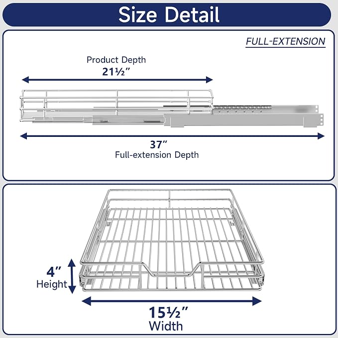 Pull Out Cabinet Organizer, 15.5" W x 21.5" D, Heavy Duty Chrome Slide Out Shelf for Base Cabinets, Sliding Wire Basket Drawer for Pantry Items, Bowls, Containers & Cleaning Supplies - Image 2