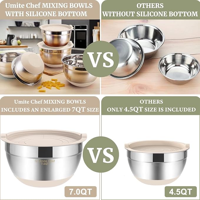 Umite Chef Mixing Bowls with Airtight Lids, 6 piece Stainless Steel Metal Nesting Storage Bowls, Non-Slip Bottoms Size 7, 3.5, 2.5, 2.0,1.5, 1QT, Great for Mixing & Serving (Khaki) - Image 2