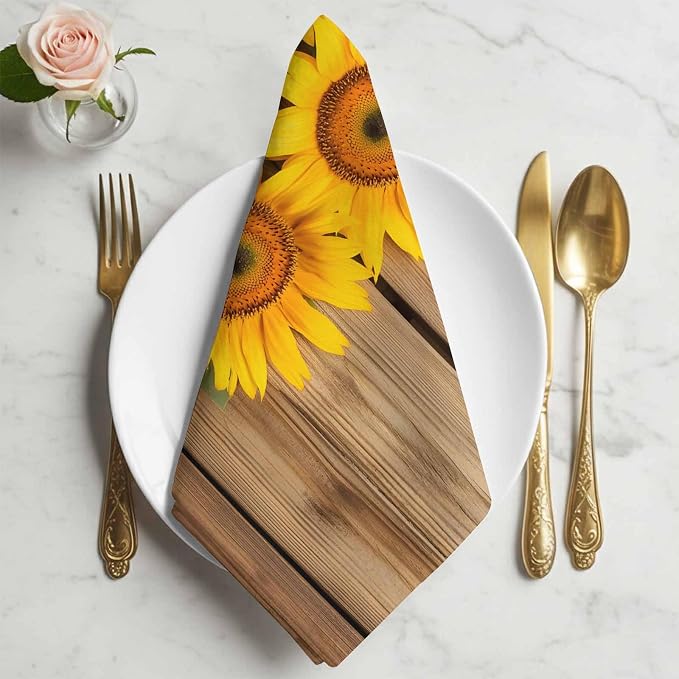 Pastoral Cloth Napkins Set of 2 Sunflowers Wood Grain Texture Rustic Vintage Soft Washable Square Dinner Napkins for Party Wedding Restaurant Hotel Cocktail 20x20 Inch - Image 2