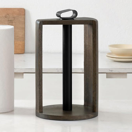 Anji Mountain Wooden Paper Towel Holder with Metal Holder, Holder Stand for Kitchen Roll Organizer & Kitchen Dining Table Home Décor, Countertop Fits Jumbo & Mega Rolls - Chocolate/Black, Top Load by AnjiMountain