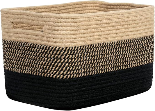 Storage Baskets for Organizing, 14 x 10 x 9” Closet Shelf Woven Baskets, Square Bins with Handles, Cotton Rope Basket for Clothes, Office, Room, Black+Brown 1Pack by Unknown