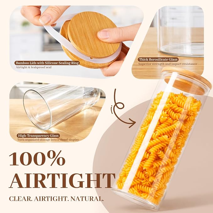 Stackable Glass Food Storage Containers with Lids [Set of 8 ], Airtight Glass Canister for Kitchen & Pantry Organization, Clear Borosilicate Jars for Pasta, Cereal, Flour, Sugar, Nuts - Image 3