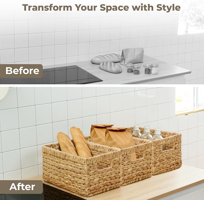 KOKODO Pack 3 Medium Wicker Storage Baskets with Handles, Stylish and Durable Water Hyacinth Rectangle Handwoven Basket Bin with Metal Frame & Handle for Room Organizing - Image 3