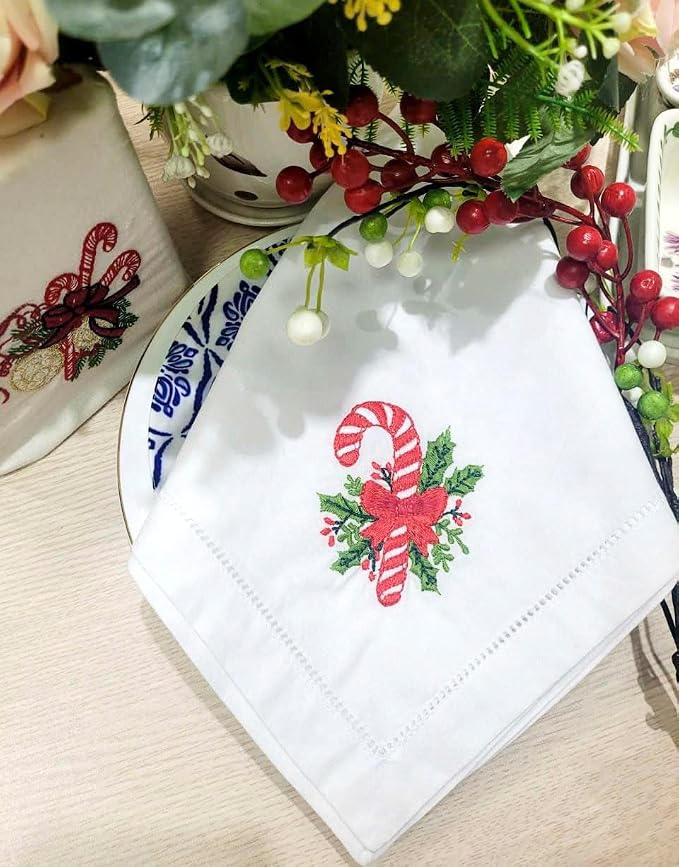 – Embroidered Cloth Napkin Candy Christmas Design, Set of 6 100% Cotton Hemstitch Table Napkins 18x18, Machine Washable – Festive Holiday & Everyday Dining, Great Gift Ideas - Image 7