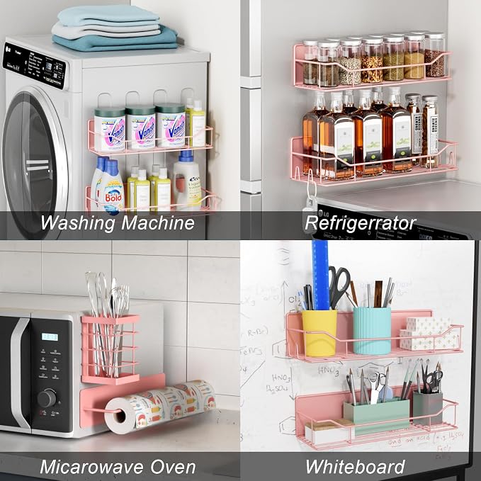 Magnetic Spice Rack for Refrigerator,8 Pack Magnetic Fridge Shelf, Moveable Spice Organizer with Hook Rack, Paper Towel Holder, Utensil Holder,cup lid holder, Super Magnetic Rack Set (Pink) - Image 7