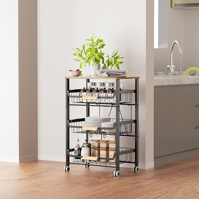 NiuYichee 4-Layer Fruit Basket Kitchen Food Organizer and Rack, Stackable Storage Cart with Desktop, Pull-Out Hollow Metal Basket, Sliding Out Storage (Black 4-Layer Rack) - Image 2