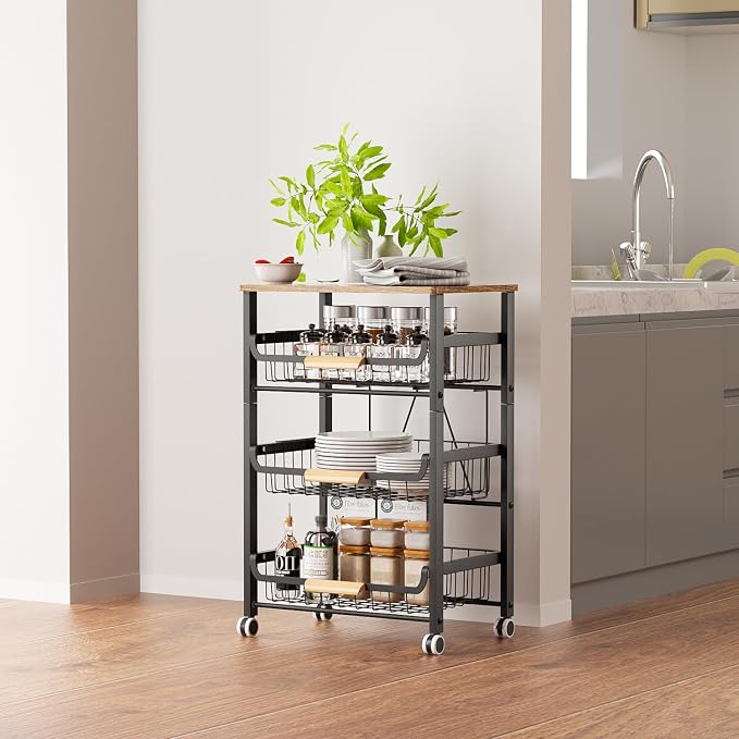 NiuYichee 4-Layer Fruit Basket Kitchen Food Storage Organizer and Storage Rack, Stackable Storage cart with Desktop, Pull-Out Hollow Metal Storage Basket, liding Out Storage,White - Image 6