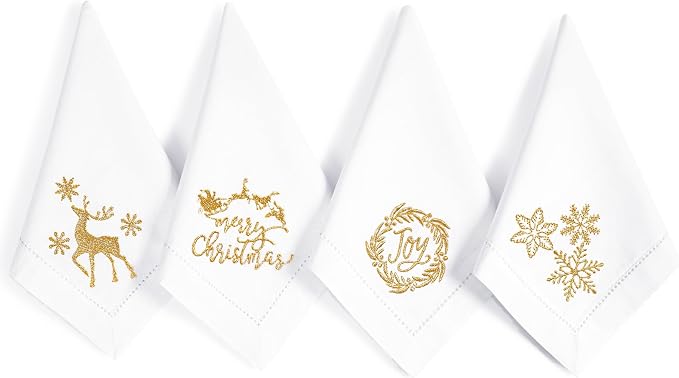 Bedding Craft Cotton Cloth Dinner Napkins Set of 12 – 18x18 White with Gold Embroidery – Reusable Machine Washable Fabric Napkins for Weddings, Parties & Everyday Dining by BeddingCraft