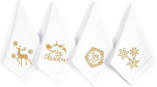 Bedding Craft Cotton Cloth Dinner Napkins Set of 12 – 18x18 White with Gold Embroidery – Reusable Machine Washable Fabric Napkins for Weddings, Parties & Everyday Dining by BeddingCraft