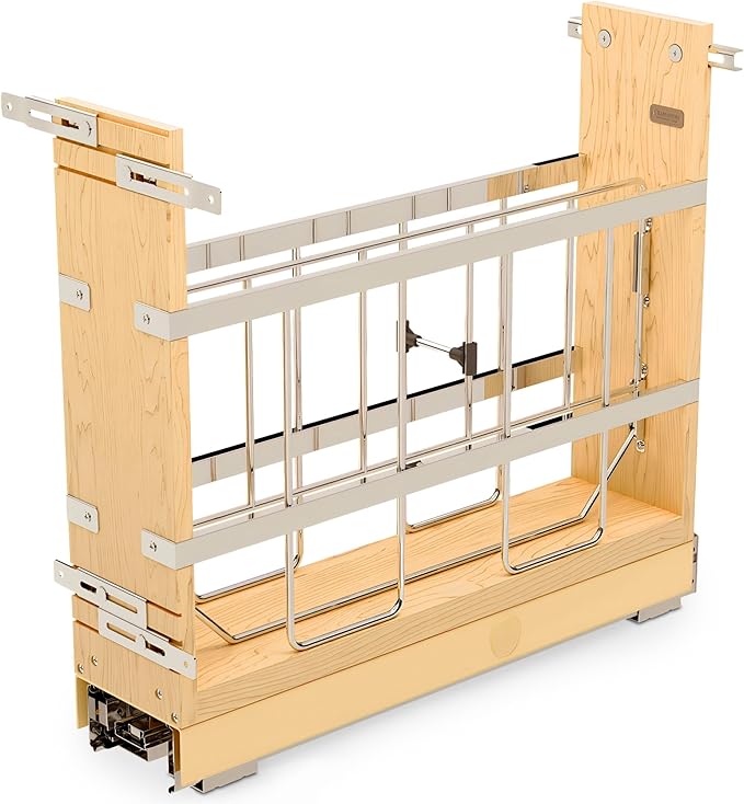 Rev-A-Shelf Pullout Bakeware Organizer w/Soft-Close, Min Opening 5.5" Wide | Wooden Storage Organization w/ Ball Bearing Slides, Full Height Base Kitchen Cabinets, Foil Wrap/Tray Divider, 447-BCBBSC-5C by Rev-A-Shelf