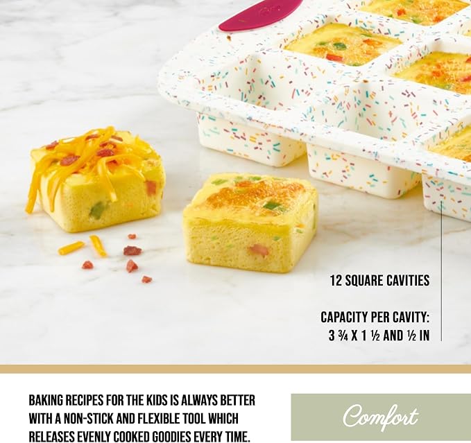 Trudeau Brownie Pan – White Confetti/Fuchsia, 12 Cavity Nonstick Bakeware for Brownies, Mini Cakes, Muffins, Dessert Bars, Easy Release, Dishwasher Safe - Image 4
