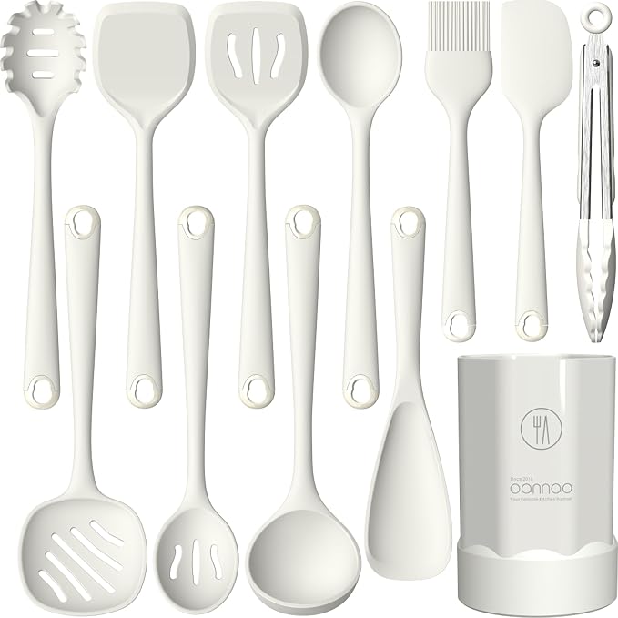Silicone Kitchen Utensils Set,Utensils Sets for Cooking, Dishwasher Safe | Seamless Spatula Set for Nonstick Cookware, BPA-Free,Heat Resistant up to 600°F, Housewarming Gift, Cream White by oannao