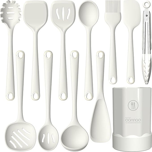 Silicone Kitchen Utensils Set,Utensils Sets for Cooking, Dishwasher Safe | Seamless Spatula Set for Nonstick Cookware, BPA-Free,Heat Resistant up to 600°F, Housewarming Gift, Cream White by oannao