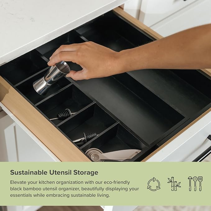 Utensil & Junk Drawer Organizer, 10.5-19 in, Black Bamboo | Food-safe contract grade, 100% sustainable wood, non-slip, adjustable - Image 5
