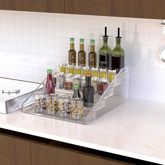 PMMASTO Widen Tiered Spice Rack, Seasoning Organizer, Clear Acrylic Vertical Shelves Can Organizer for Countertop, Cabinet, Pantry, Kitchen Organization and Storage - 5 Tier - Image 2
