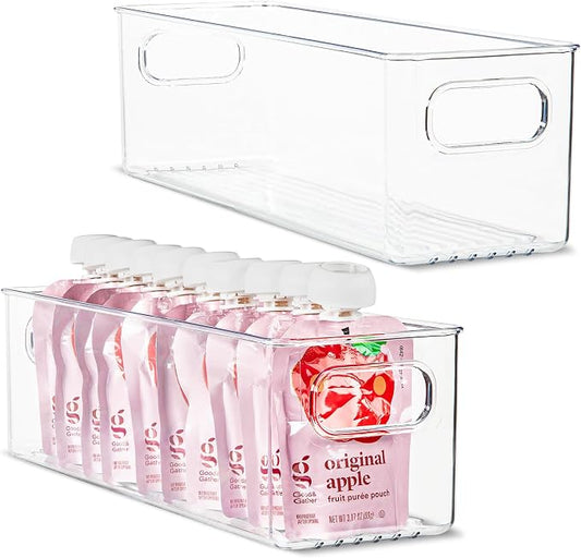 Plastic Food Storage 2 Pack Clear Container Bin with Handles for Organizing Kitchen, Pantry, Refrigerator, Freezer, Pantry, Cabinet, Closet, Bathroom. 14”X4”x4” by primebox