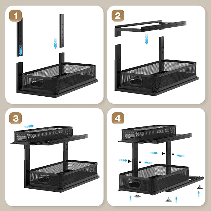 2 Pack 21IN-Depth Under Sink Organizer With Next-Gen Ball-Bearing Slides,2-Tier Precision Mesh Pull Out Cabinet Storage for Bathroom&Kitchen,Height Adjustable Drawers Shelf,Anti-rust-Black - Image 5