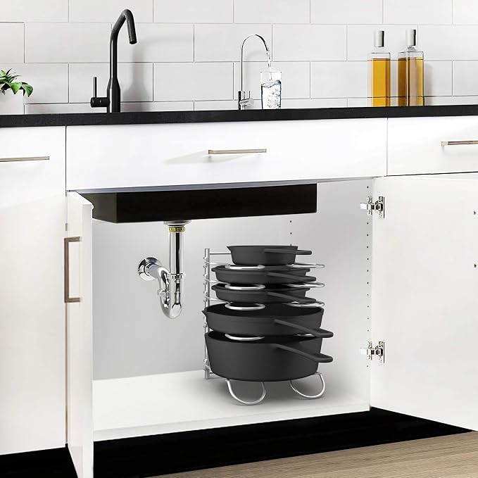 Heavy Duty Pan Rack, Pot Lid Rack, Kitchen Cabinet Pantry Cookware Organizer Rack Holder with 5 Adjustable Dividers, Chrome (Pack of 2) - Image 7