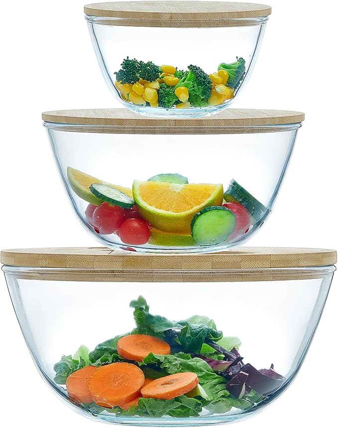 Glass Mixing Bowls with Bamboo Lids, 3 Packs Glass Bowls with Lids Set(4.7QT, 2.1QT, 0.8QT), Large Capacity Salad Bowls, Nesting Containers Microwave Safe Baking Bowls for Kitchen by ECWAY